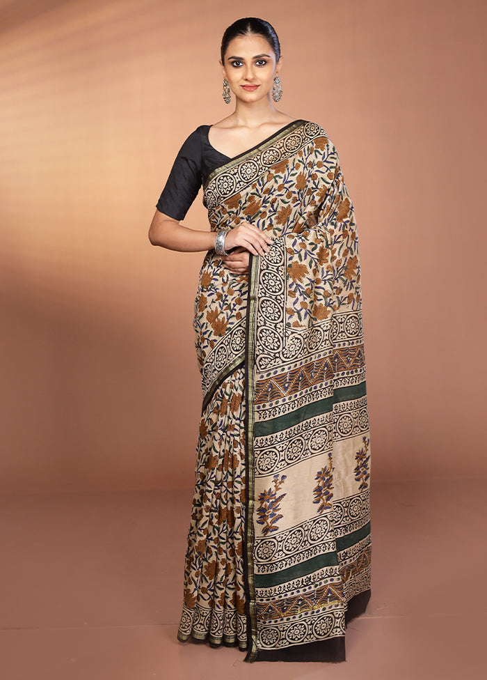 Cream Chanderi Silk Saree With Blouse Piece