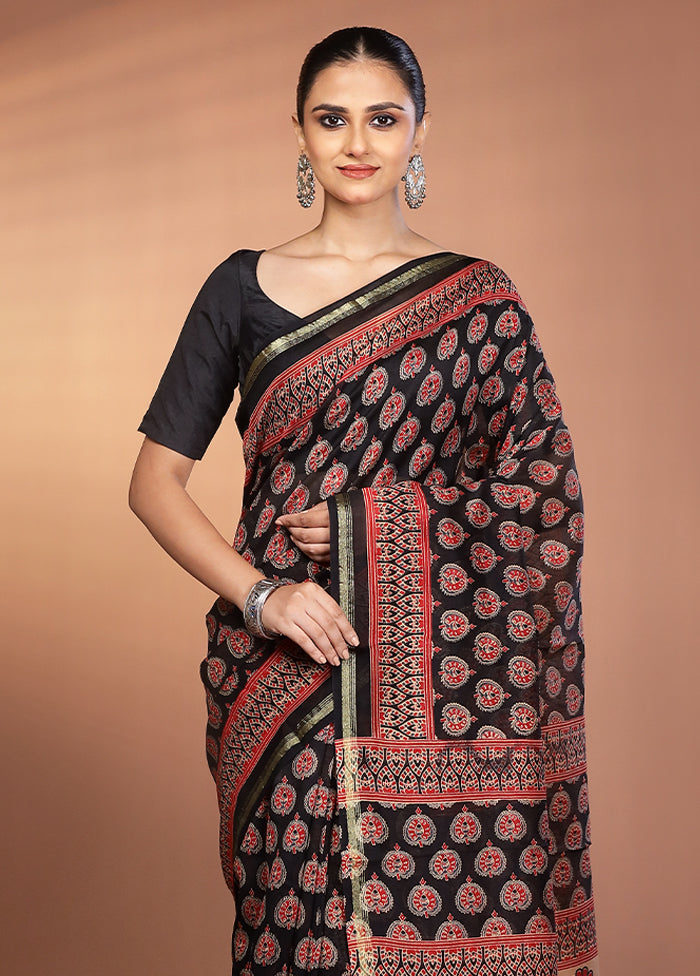 Black Chanderi Silk Saree With Blouse Piece
