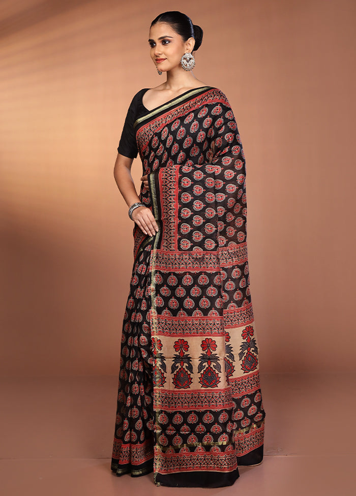 Black Chanderi Silk Saree With Blouse Piece