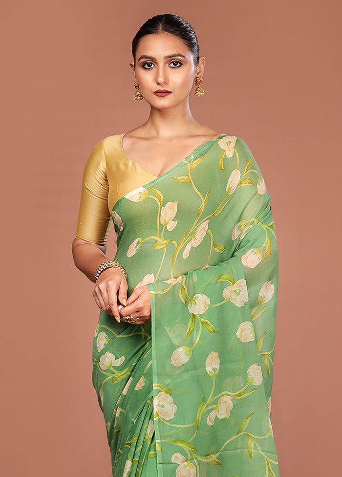Green Handloom Chiffon Pure Silk Saree With Blouse Piece