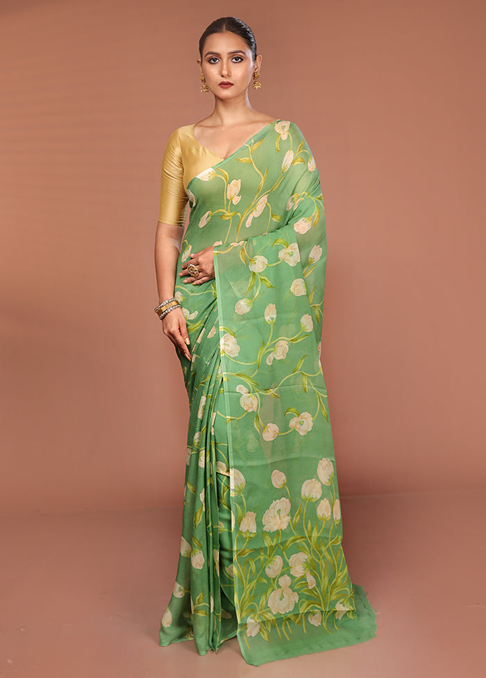 Green Handloom Chiffon Pure Silk Saree With Blouse Piece
