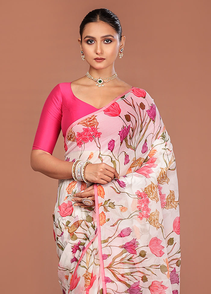 White Handloom Chiffon Pure Silk Saree With Blouse Piece