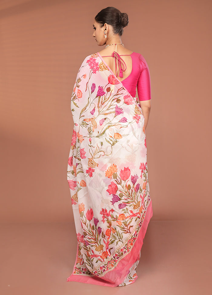 White Handloom Chiffon Pure Silk Saree With Blouse Piece