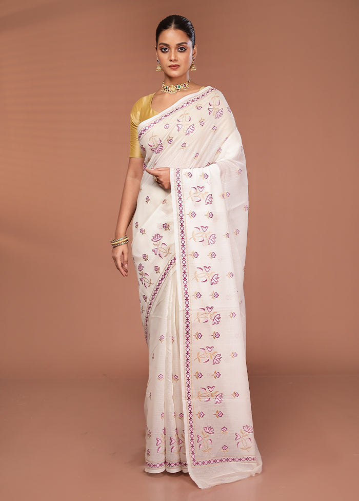 White Pure Cotton Saree With Blouse Piece