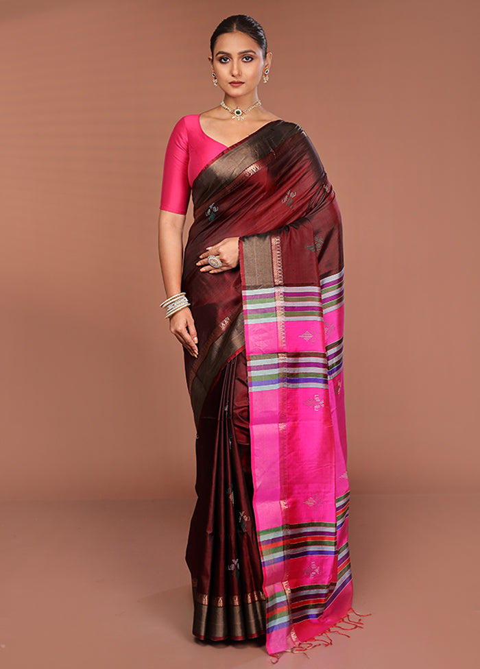 Maroon Handloom Kalakshetra Pure Silk Saree With Blouse Piece