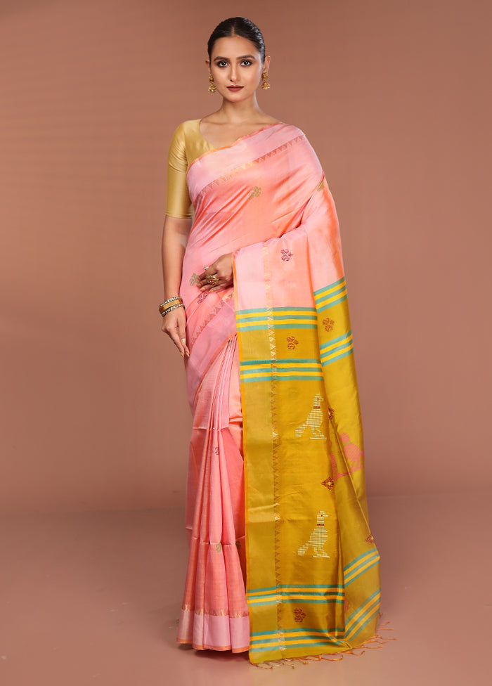 Peach Handloom Kalakshetra Pure Silk Saree With Blouse Piece