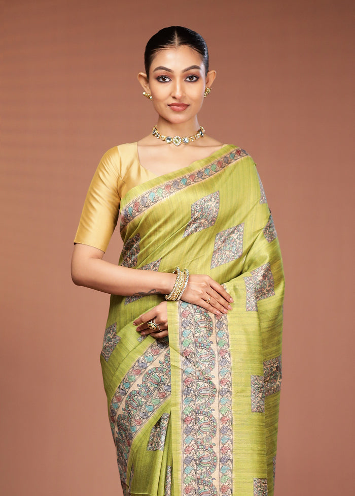 Green Tussar Silk Saree With Blouse Piece