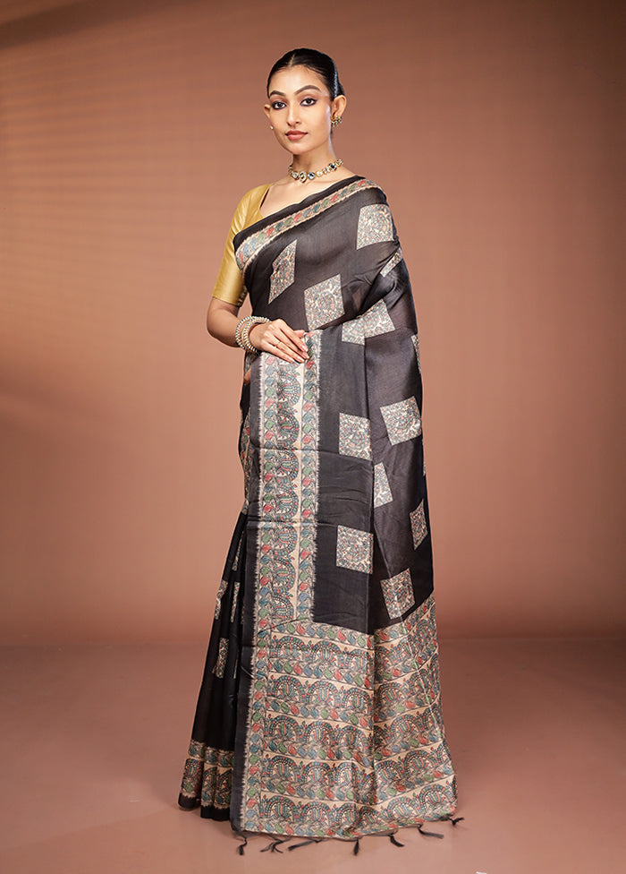 Black Tussar Silk Saree With Blouse Piece