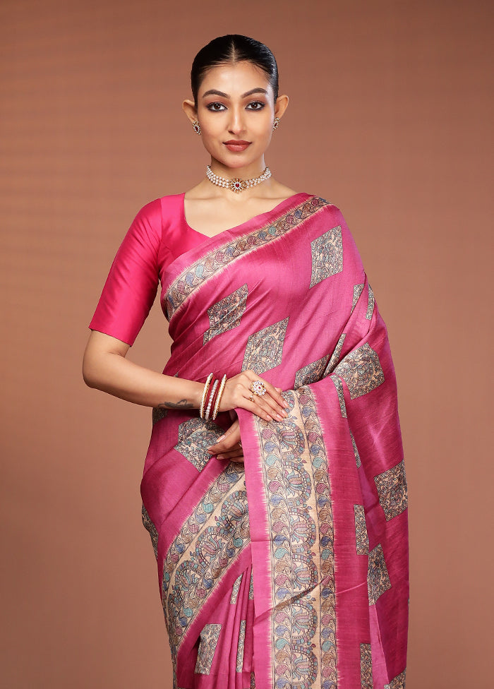 Pink Tussar Silk Saree With Blouse Piece