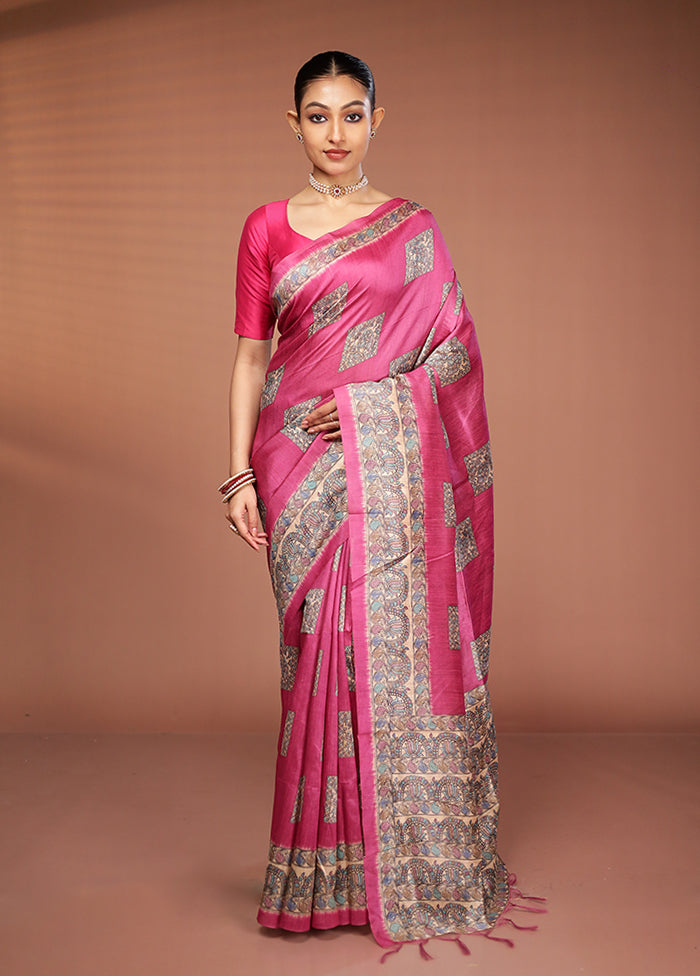 Pink Tussar Silk Saree With Blouse Piece