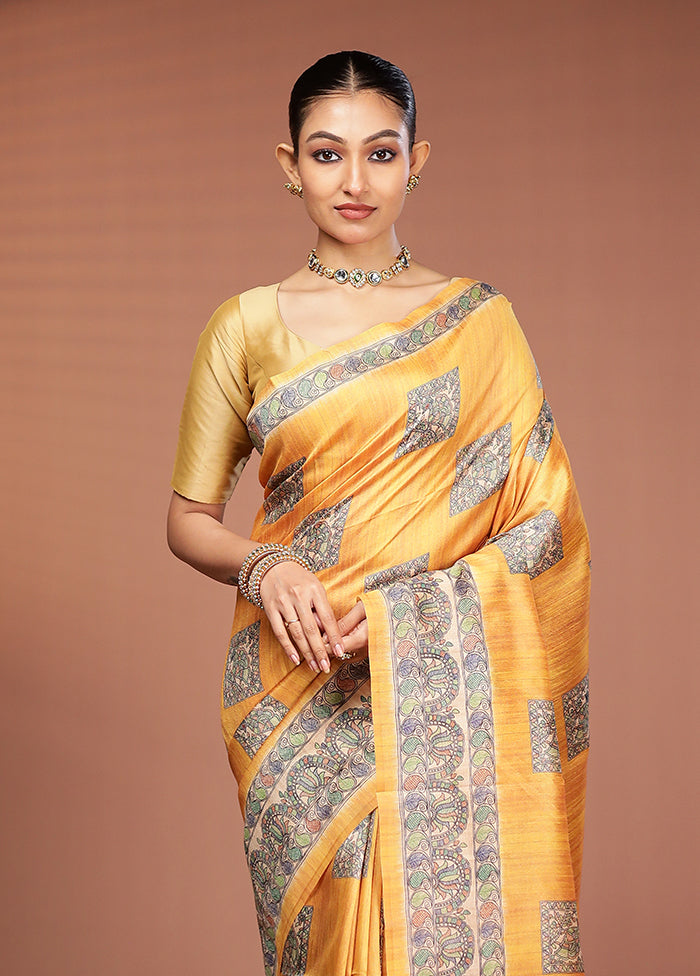 Yellow Tussar Silk Saree With Blouse Piece