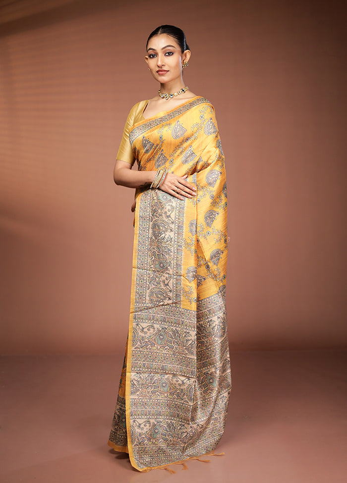 Yellow Tussar Silk Saree With Blouse Piece