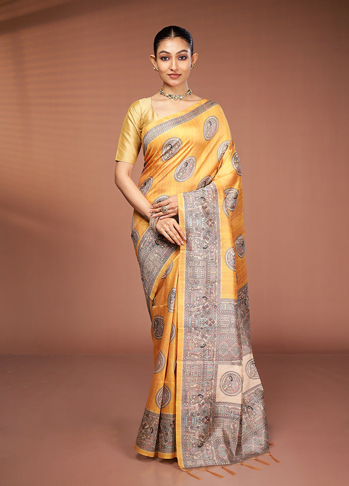 Yellow Tussar Silk Saree With Blouse Piece