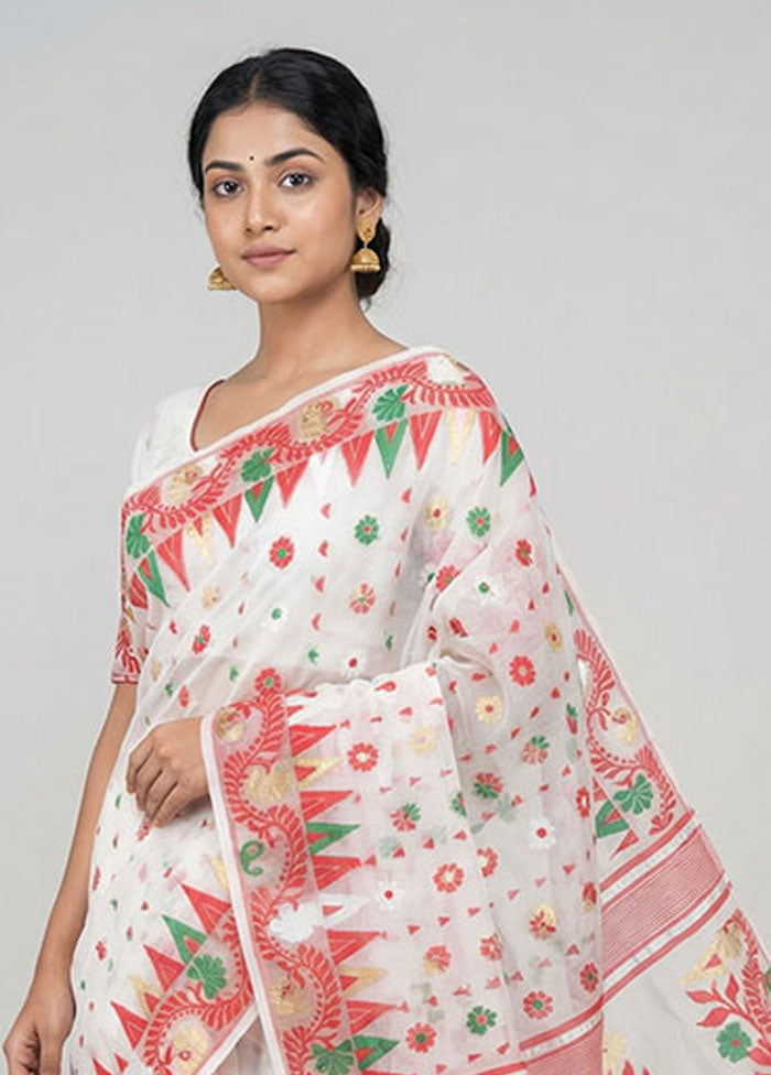 White Jamdani Cotton Saree Without Blouse Piece