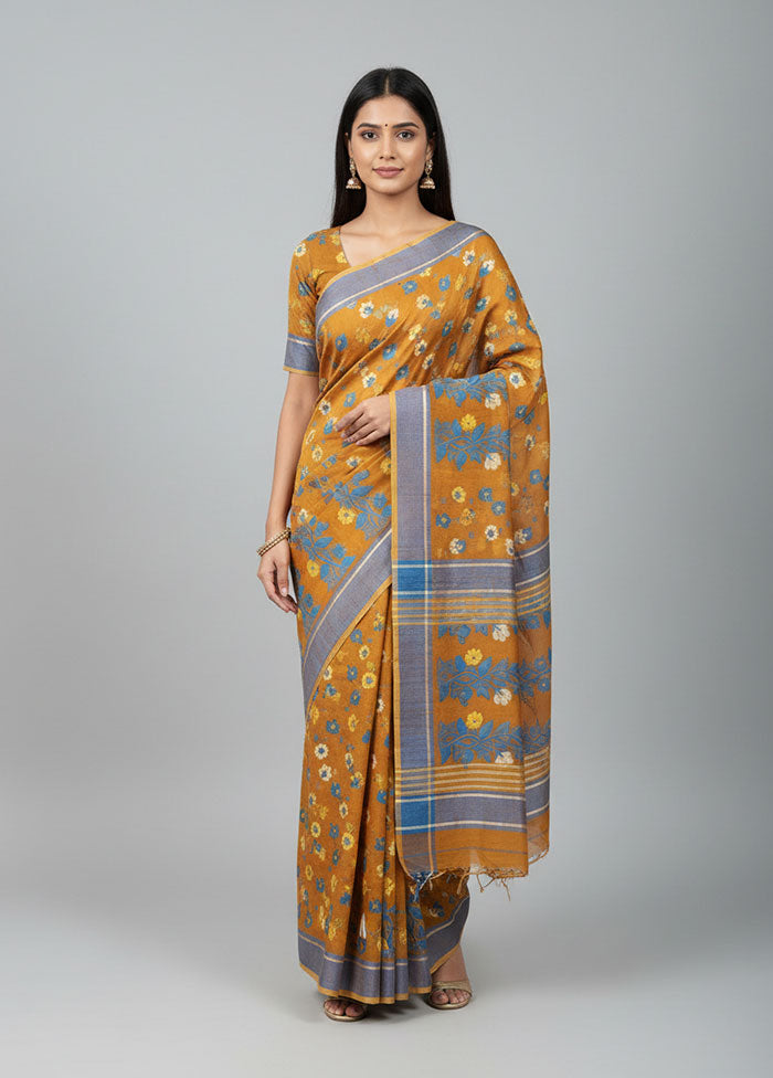 Yellow Jamdani Cotton Saree Without Blouse Piece