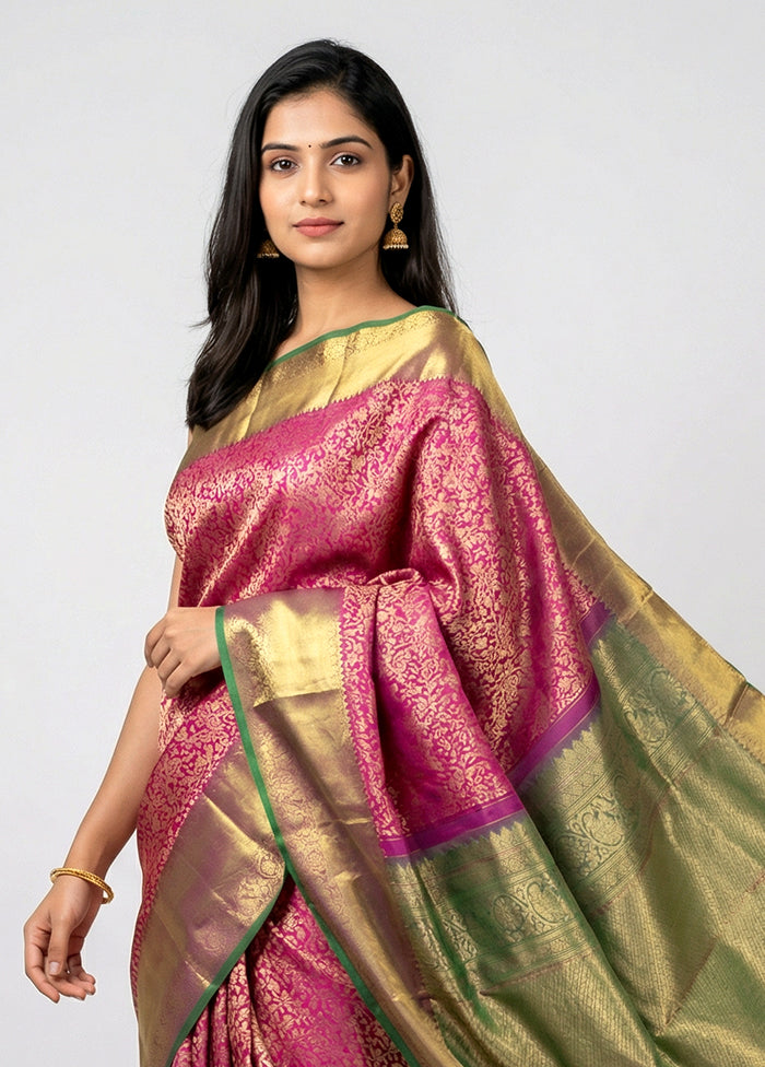 Pink Handloom Kanchipuram Pure Silk Saree With Blouse Piece