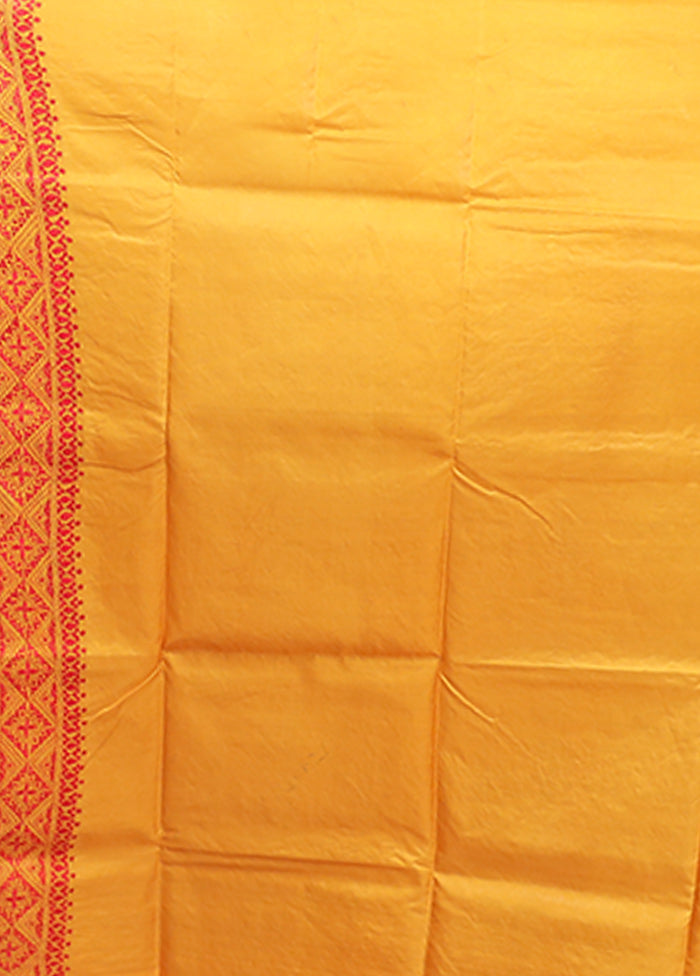 Yellow Kantha Stitch Pure Silk Saree With Blouse Piece