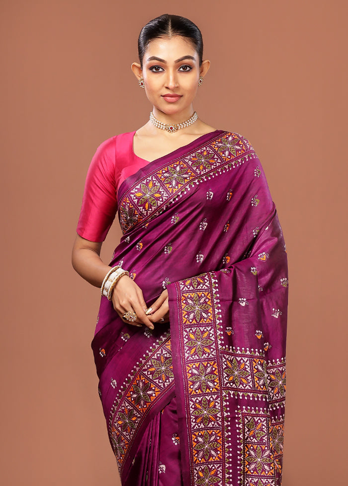 Purple Kantha Stitch Pure Silk Saree With Blouse Piece