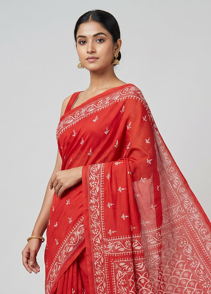 Red Handloom Kantha Stitch Pure Silk Saree With Blouse Piece