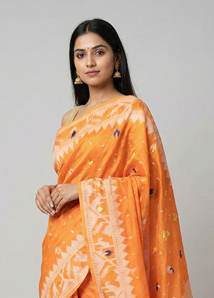 Orange Jamdani Cotton Saree Without Blouse Piece