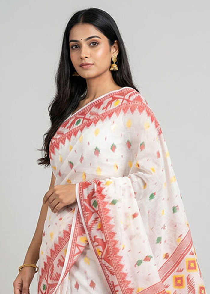 White Jamdani Cotton Saree Without Blouse Piece