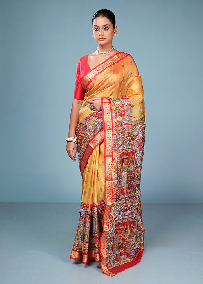 Yellow Printed Pure Silk Saree Without Blouse Piece
