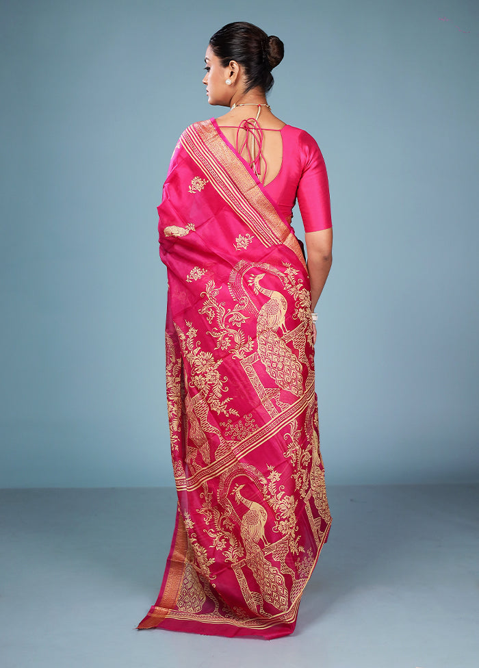 Pink Printed Pure Silk Saree Without Blouse Piece