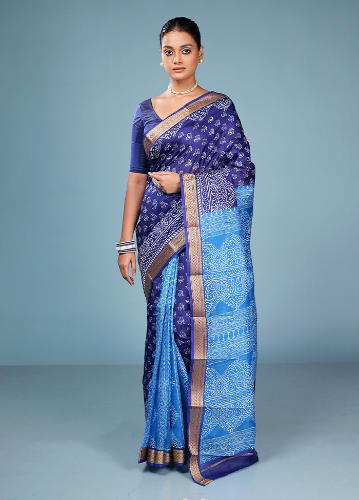 Blue Printed Silk Saree Without Blouse Piece