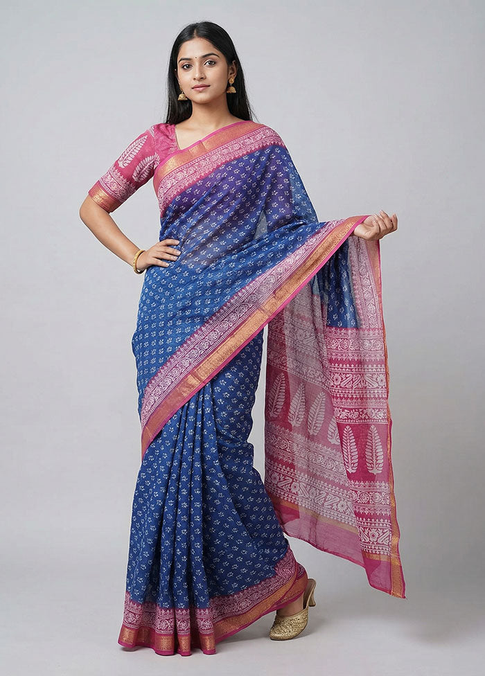 Blue Printed Pure Silk Saree Without Blouse Piece