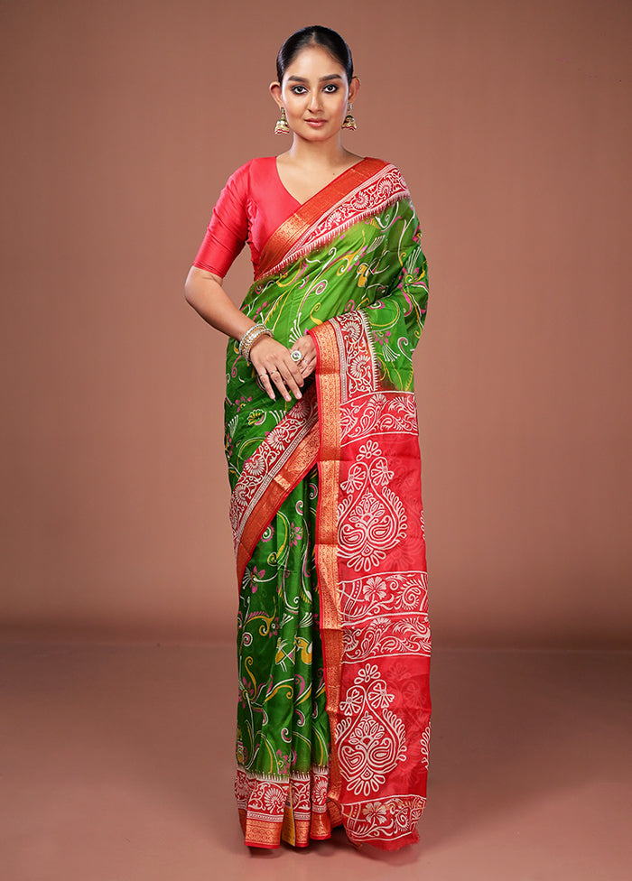 Green Printed Pure Silk Saree Without Blouse Piece