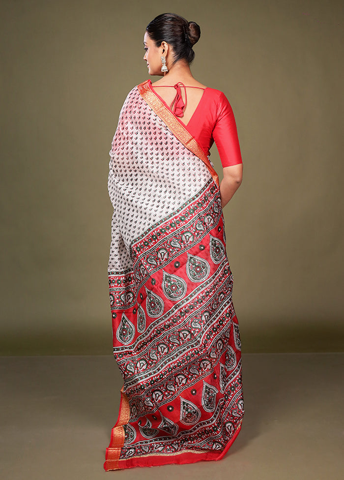 White Printed Silk Saree Without Blouse Piece
