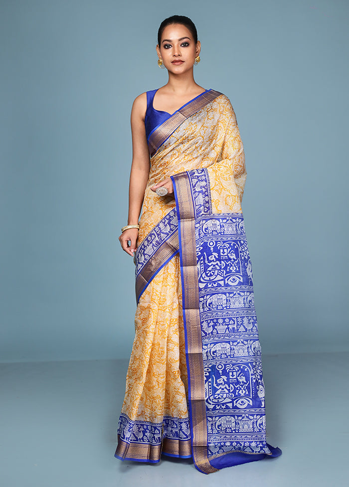 Yellow Printed Silk Saree Without Blouse Piece