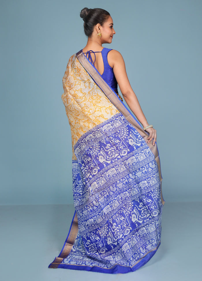 Yellow Printed Silk Saree Without Blouse Piece