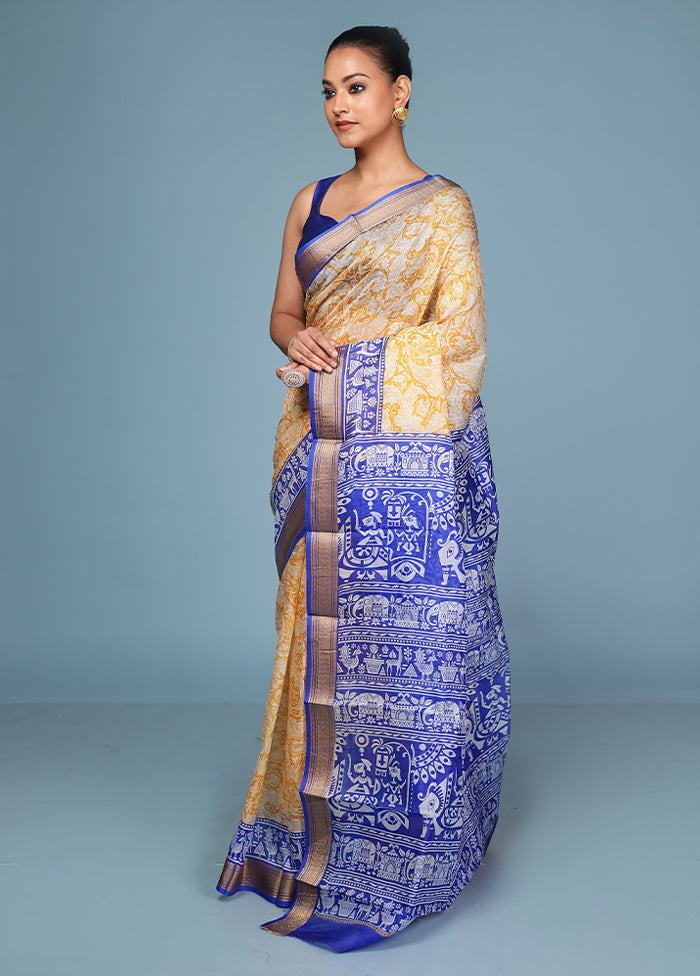 Yellow Printed Silk Saree Without Blouse Piece