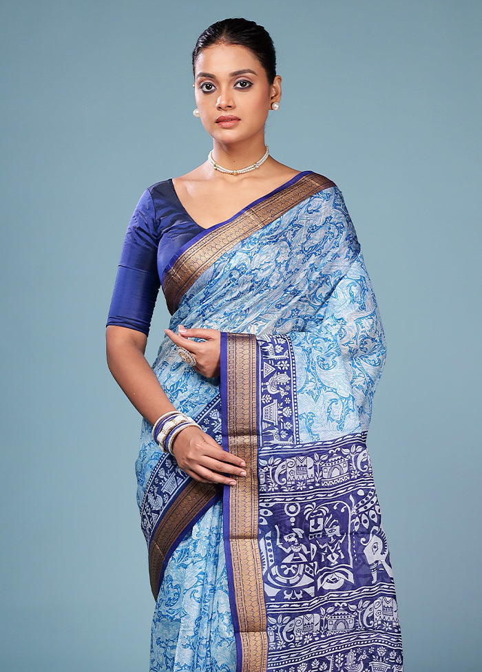 Blue Printed Pure Silk Saree Without Blouse Piece