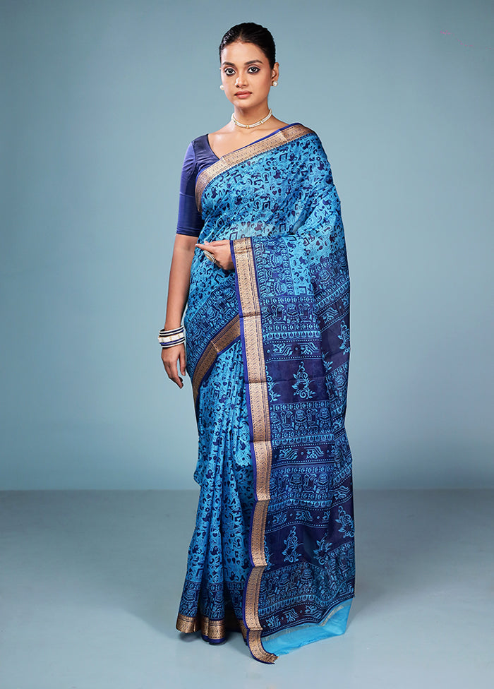 Blue Printed Silk Saree Without Blouse Piece