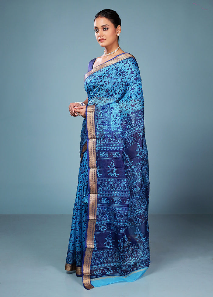 Blue Printed Silk Saree Without Blouse Piece