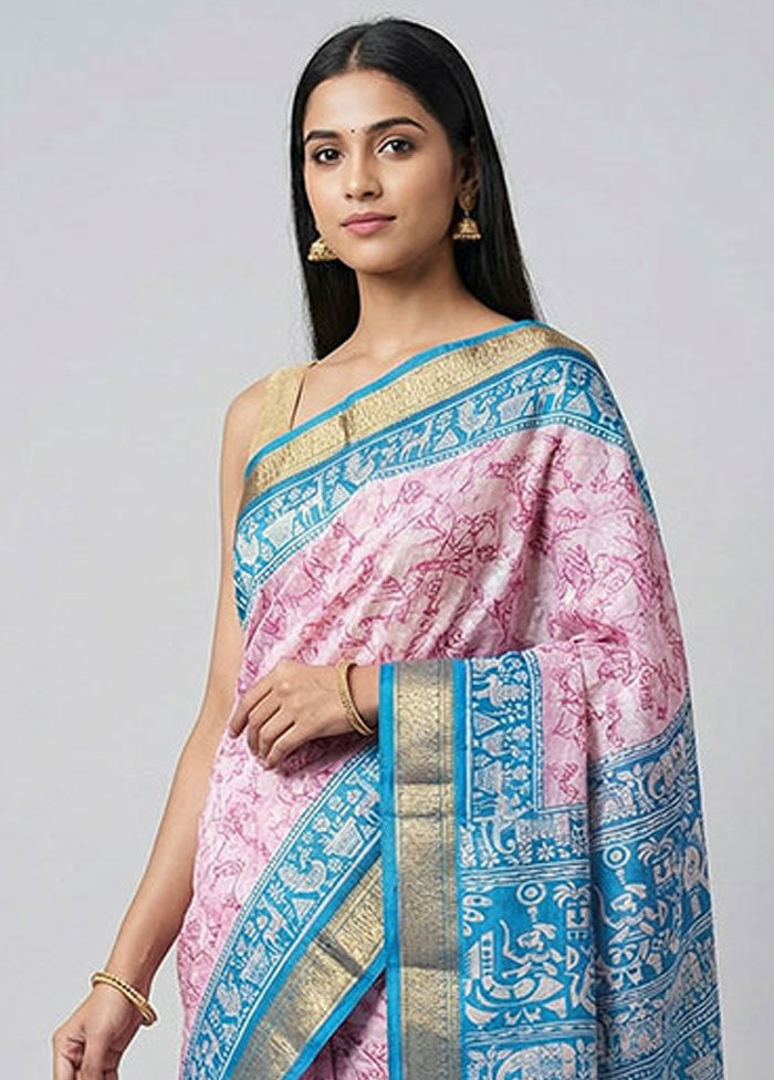 Pink Printed Pure Silk Saree Without Blouse Piece