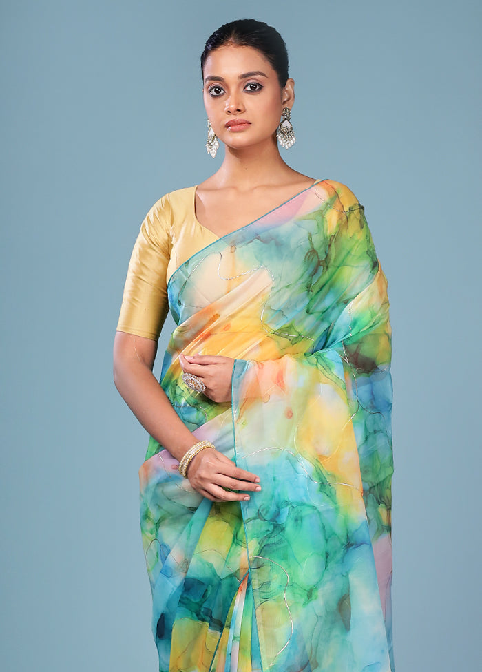 Multicolor Organza Saree With Blouse Piece