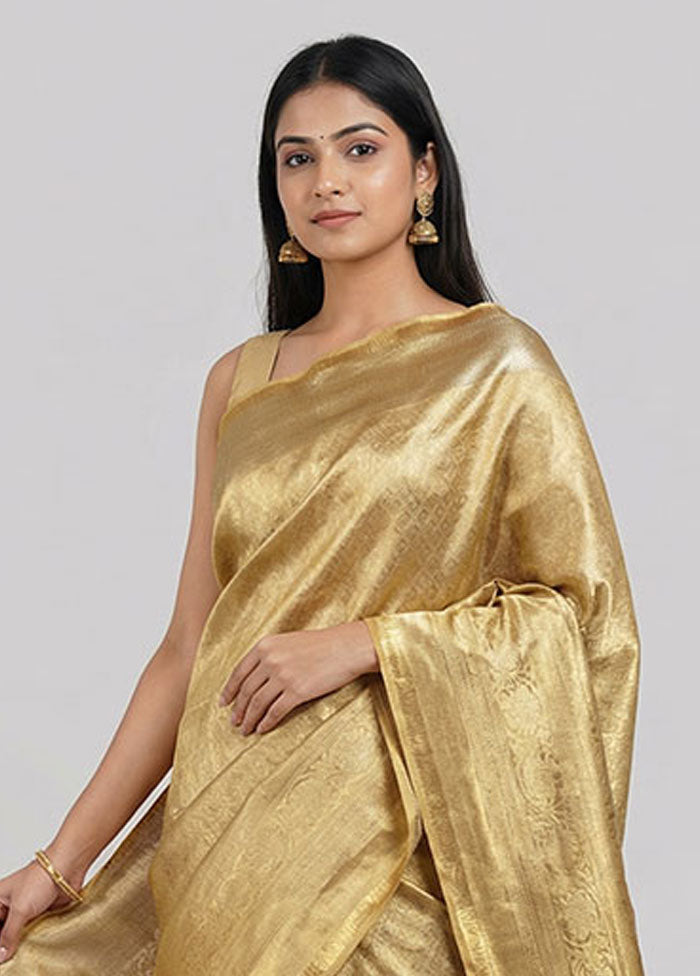 Gold Handloom Kanchipuram Pure Silk Saree With Blouse Piece