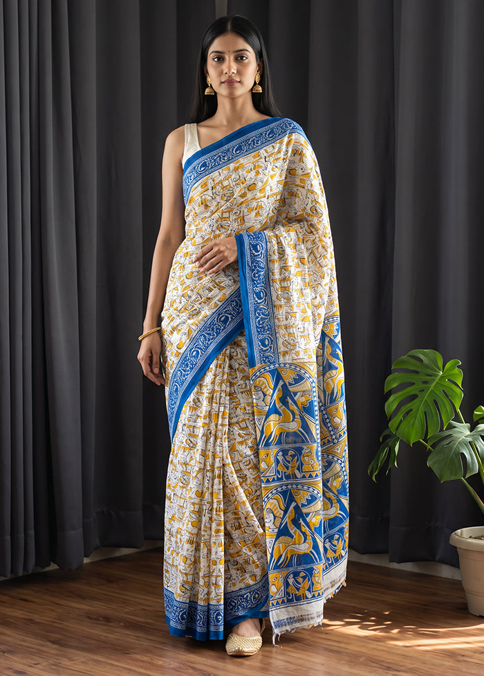 White Printed Pure Silk Saree Without Blouse Piece