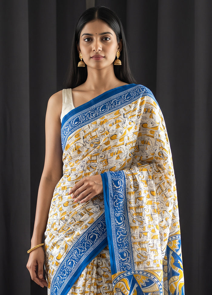 White Printed Pure Silk Saree Without Blouse Piece