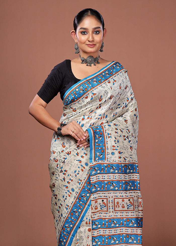 Cream Printed Silk Saree Without Blouse Piece