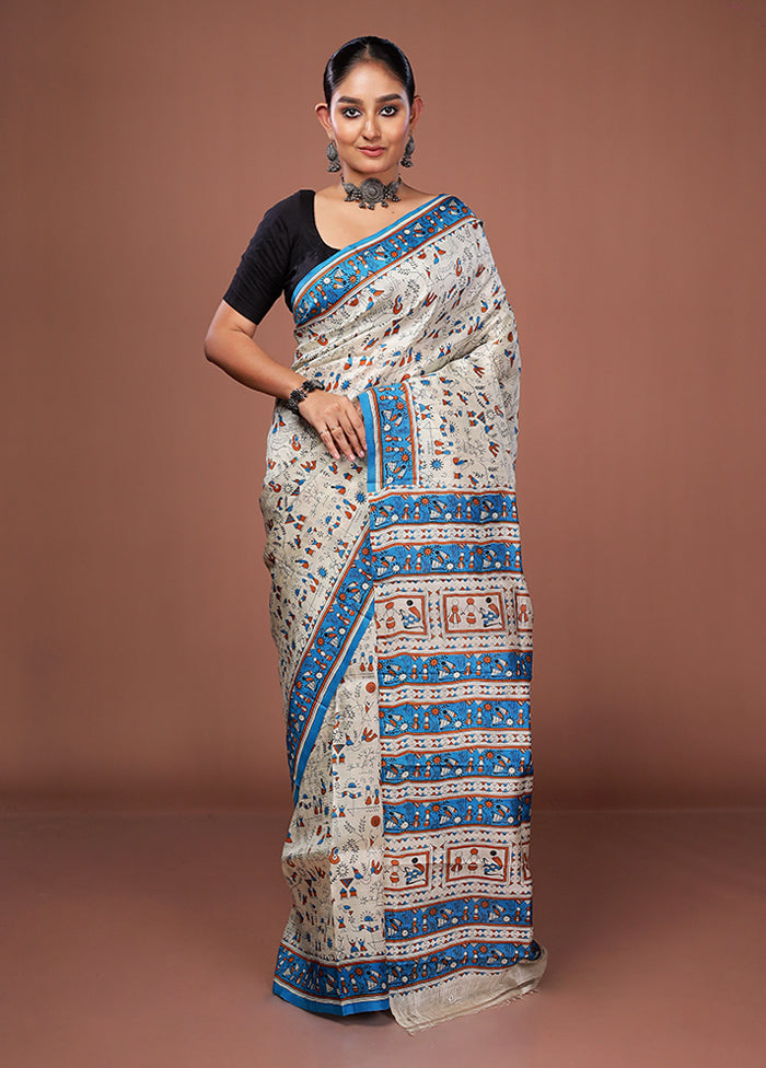 Cream Printed Silk Saree Without Blouse Piece