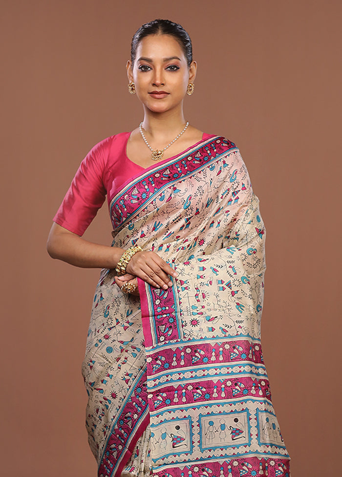 Cream Printed Silk Saree Without Blouse Piece