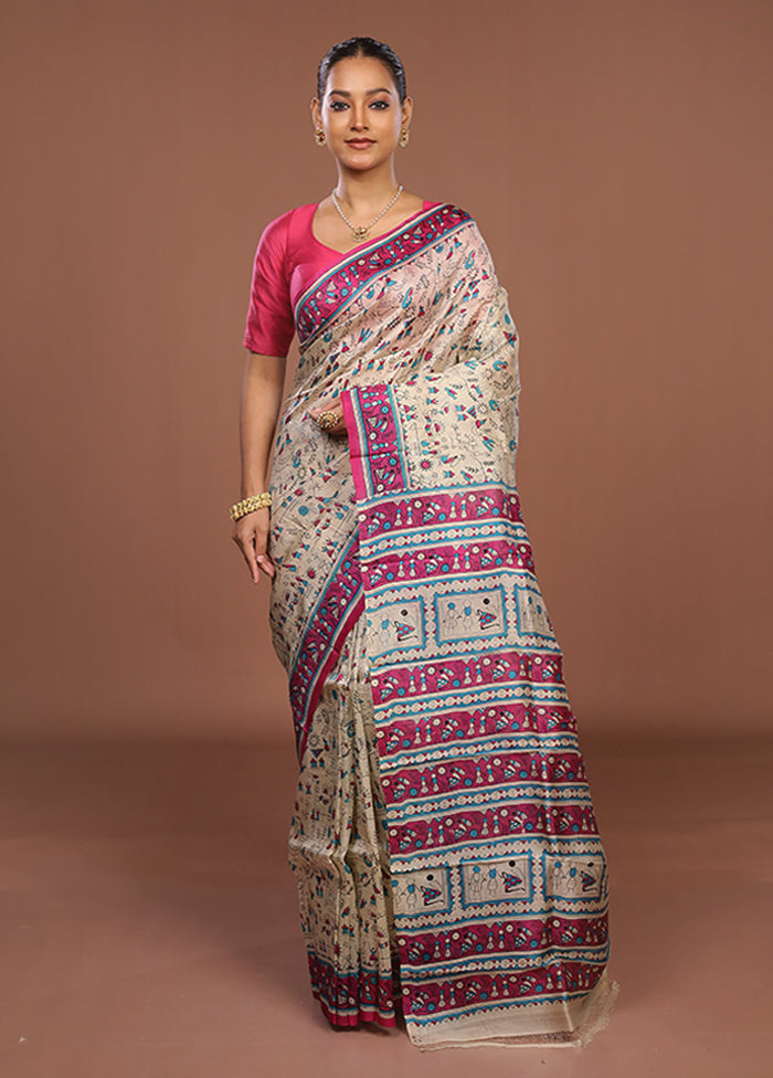 Cream Printed Silk Saree Without Blouse Piece