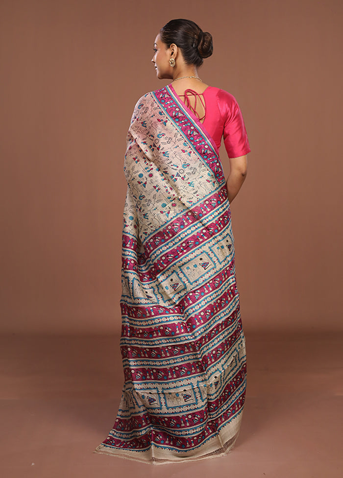 Cream Printed Silk Saree Without Blouse Piece