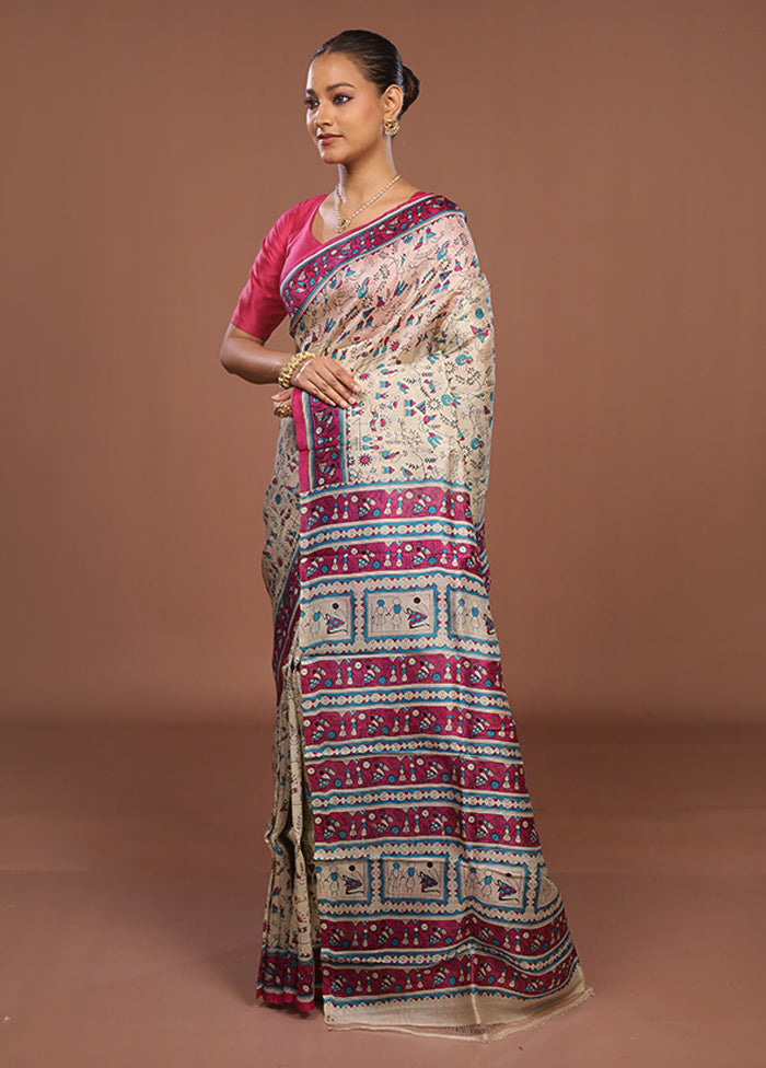 Cream Printed Silk Saree Without Blouse Piece