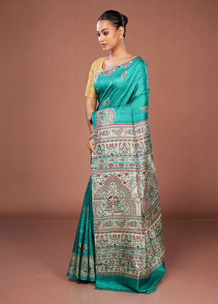 Green Printed Pure Silk Saree Without Blouse Piece