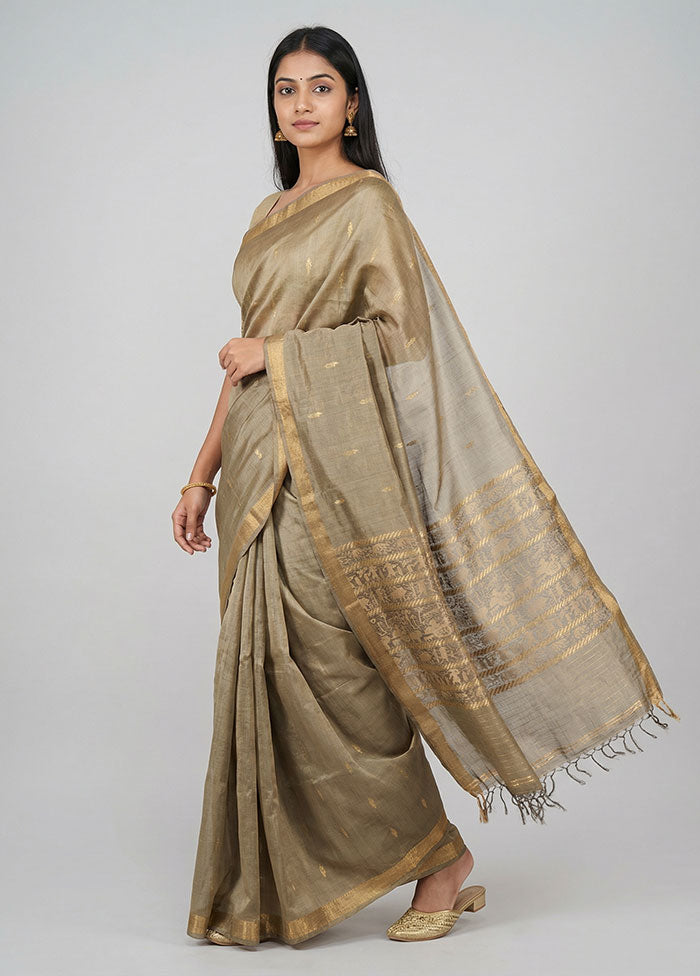 Green Handloom Tussar Pure Silk Saree With Blouse Piece